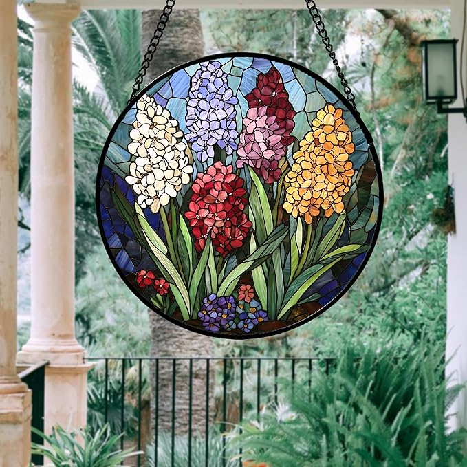 DASTOLL Stained Glass Window Hanging, Colorful Hyacinth Flowers Suncatcher for Doors Window Home Plant Sun Catchers Decoration Mother's Day Birthday Gifts for Women, Men, and Mom 7.8x7.8 in