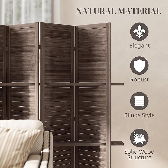 HOMCOM Room Divider, 4 Panel 67" Tall Wood Privacy Screen with 3 Display Shelves, and Folding Storage for Bedroom or Home Office, Walnut
