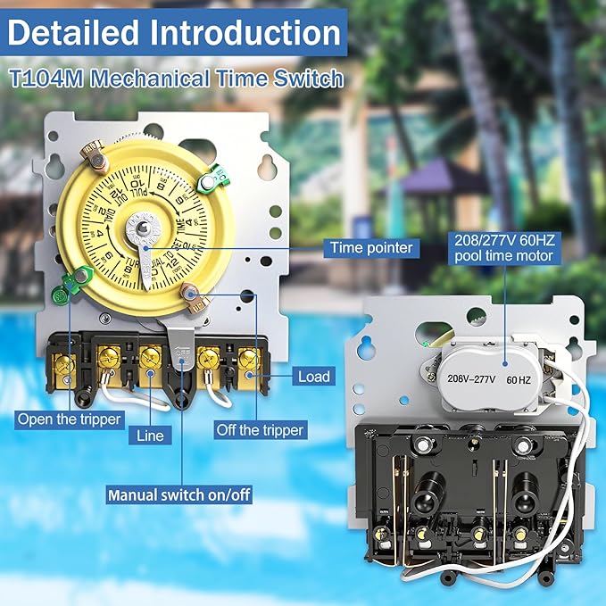 T104M Pool Timer Mechanism Only, Pool Pump Timer, 208-277V 40A Time Switch, 24 Hour 12 ON/Off for Pool Pump, Heavy-Duty Mechanical Time Switches,Time Switch Mechanism Only, 5 Years Warranty