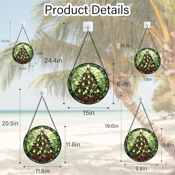 DASTOLL Stained Glass Window Hanging - Green Christmas Tree Golden Bells Suncatcher for Doors Home Christmas Decoration Sun Catcher Thanksgiving New Year Birthday Gift for Women Men Mom Nana 6.3 in