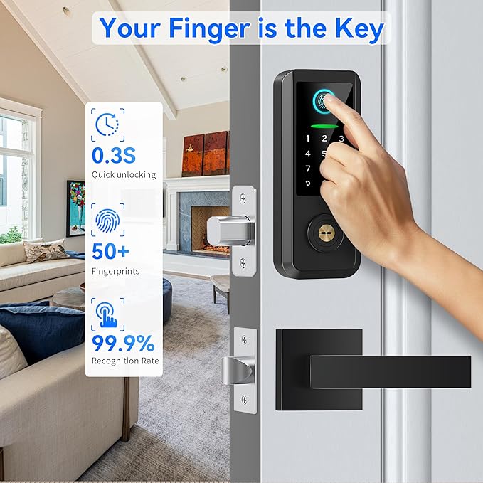 Yosimika Keyless Entry Door Lock with Handle Set,Smart Front Door Lock with Keypad Set,Keyless Entry Digital Deadbolt,Smart Deadbolt with Auto Lock,App Control, Matte Black
