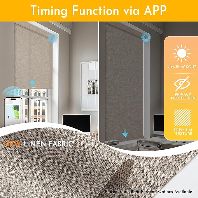 Persilux Smart Motorized Blinds with Remote, No Drill Automatic Roller Shades for Indoor Windows, Light Filtering Linen Fabric, Electric Blinds for Windows, Linen Light Brown C156-3, Custom Size
