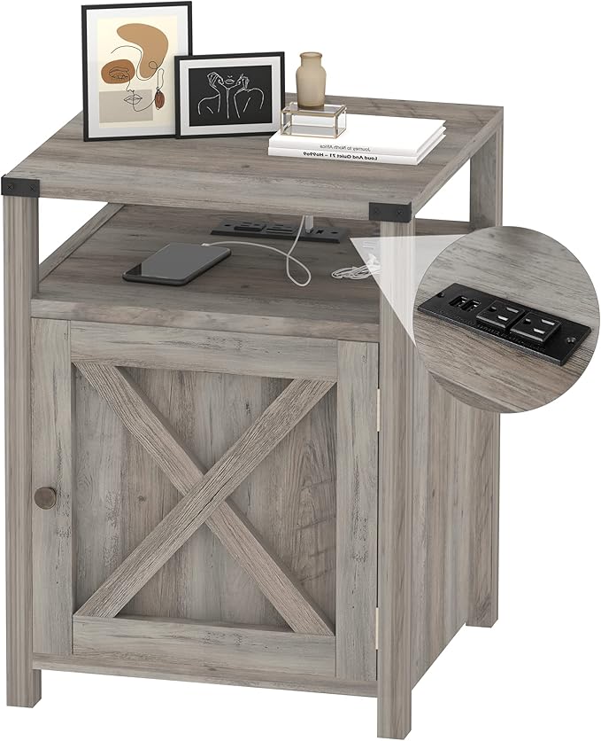 HOSEOKA Farmhouse Nightstand with Charging Station, Rustic End Table Bedroom with Storage Living Room Side Table Grey Night Stand Industrial Bedside Bed Table with USB Ports and Outlets
