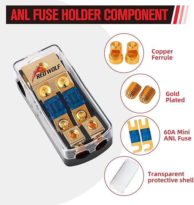 RED WOLF 2 Way Mini ANL Fuse Holder 60A 0/2/4 Gauge Input 4/8 Gauge Output Fuse Distribution Block for Car Boat Trolling Motor Marine Audio Amplifier Stereo Video System
