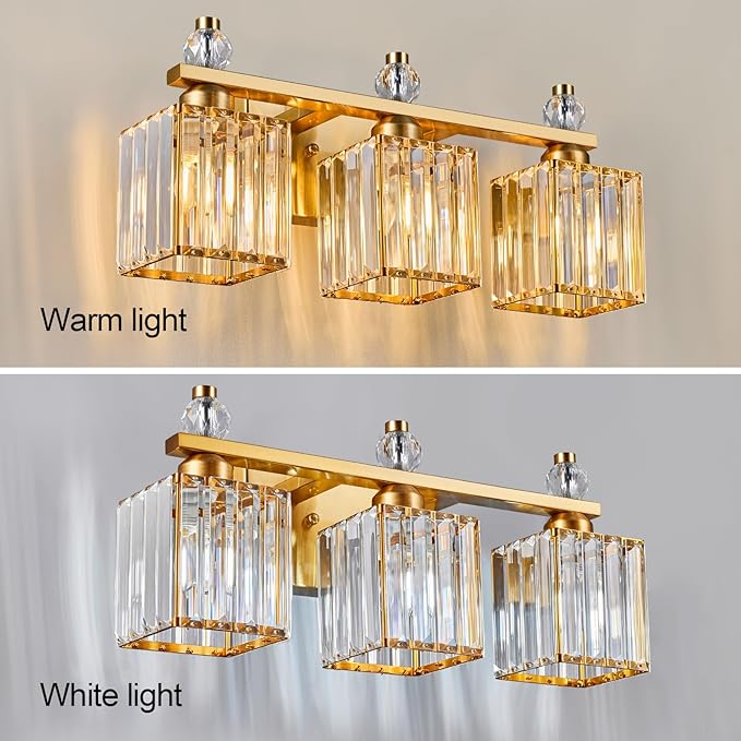 FDPBY Bathroom Vanity Lights 3-Light Modern Crystal Vanity Light Gold Bathroom Light Fixtures Over Mirror Crystal Bathroom Vanity Lighting Fixtures