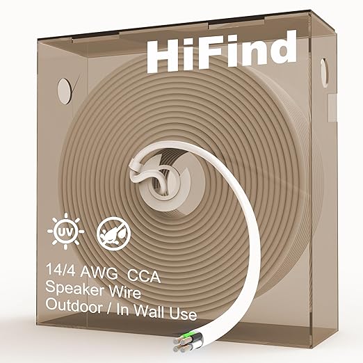 HiFind 14/4 Gauge AWG Outdoor Speaker Wire Bulk 300 FT With Easy Pull Box, LLDPE UV Resistant Low Voltage CCA 4 Conductors Cable, CL2 In-Wall Burial for Home Theater,Car Audio,Automotive,Trailer-White