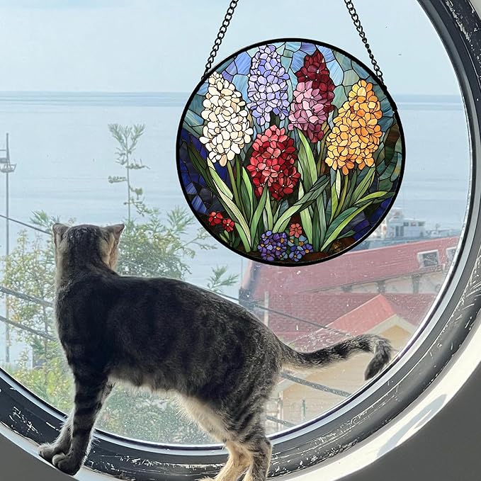 DASTOLL Stained Glass Window Hanging, Colorful Hyacinth Flowers Suncatcher for Doors Window Home Plant Sun Catchers Decoration Mother's Day Birthday Gifts for Women, Men, and Mom 7.8x7.8 in