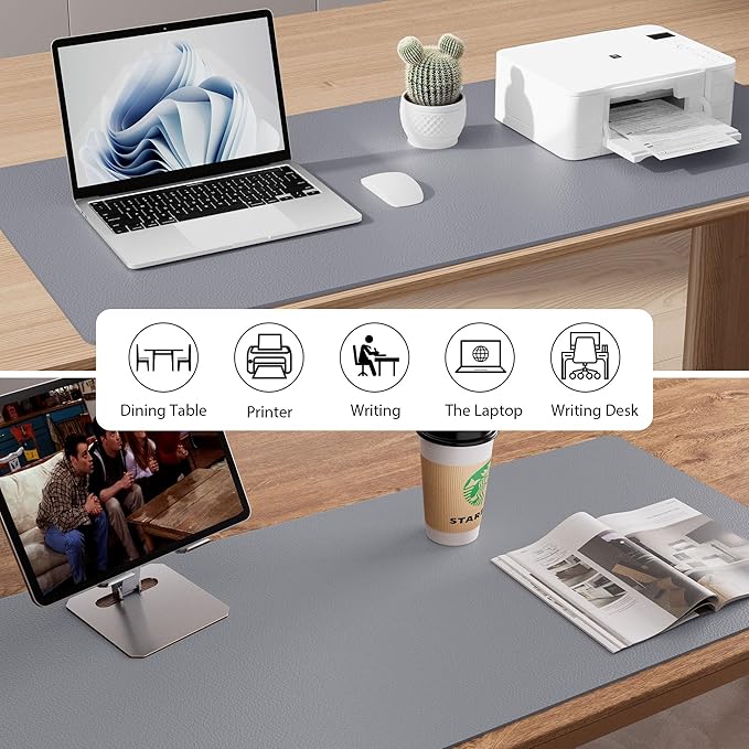 Aothia Faux Leather Desk Mat – Large Mouse Pad, Non-Slip PU Leather Blotter, Waterproof Writing Surface for Office and Home (Light Grey, 47.2" x 23.6")