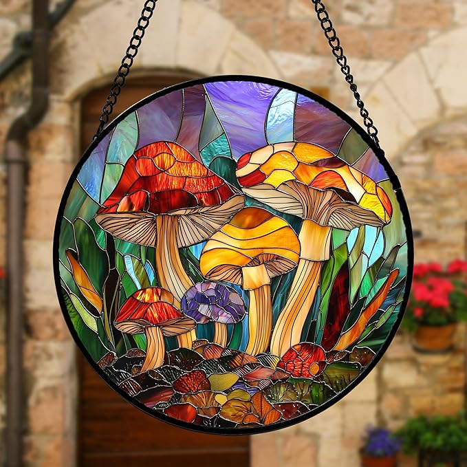 DASTOLL Stained Glass Window Hanging, Jungle Mushrooms Sun Catchers Diamond Glass Panel Hangings Plant Suncatcher Decor for Birthday for Women, Men, Wife, Aunt, and Mom 7.8 in
