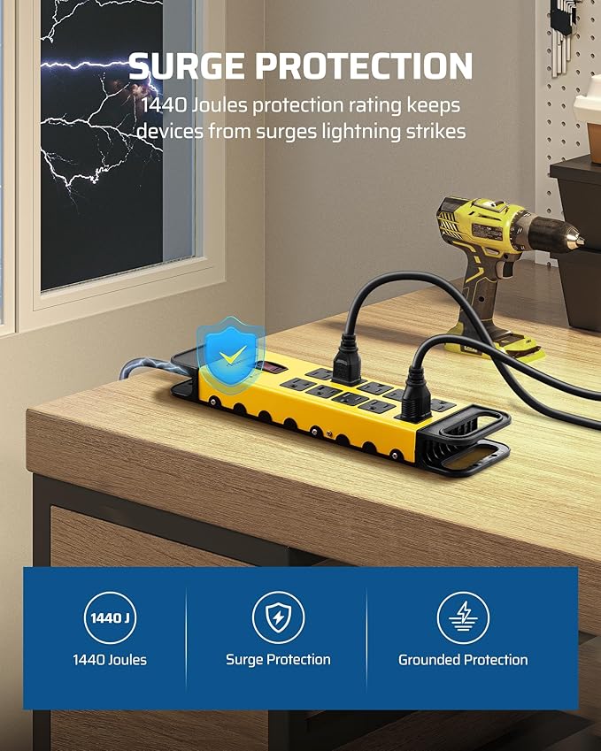 DEWENWILS 10-Outlet Metal Surge Protector Power Strip with 15Ft Cord, UL Listed, Flat Plug, 15A Circuit Breaker, 1440Joules, Heavy Duty Industrial Power Strip for Garage, Workshop, Wall Mountable