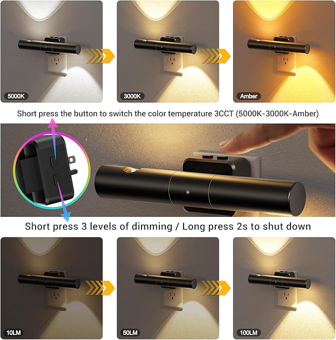 JandCase LED Night Light, Modern Night Lights Plug into Wall, 2 Pack 3000K/4000K/5000K Adjustable Color Nightlights with Dusk-to-Dawn Sensor, Dimmable Night Lights for Bathroom, Hallway, Stairway