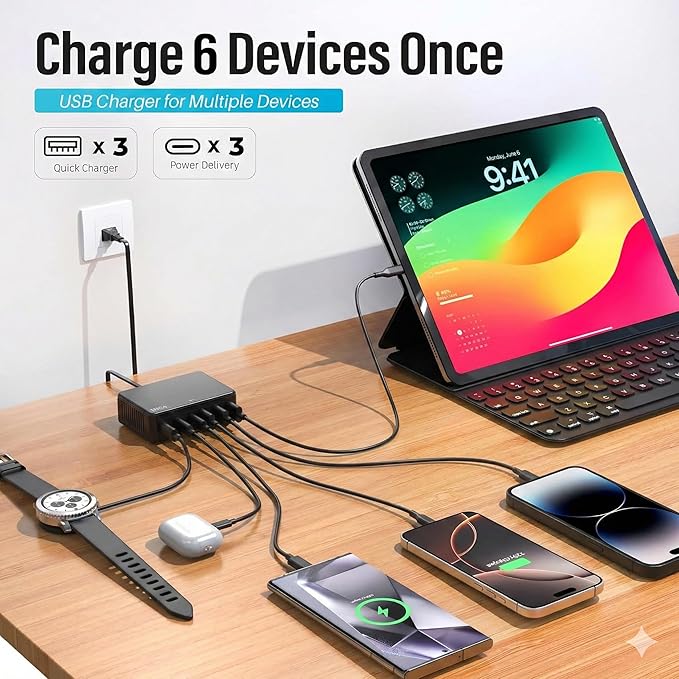 100W USB C Fast Charger, GaN III 6 Port PD+QC Multiport Charging Station Charger Hub, USB Charger Block, USB-C Adapter Plug for iPhone 17,17 Air,16,15, 14, 13, Pro Max, Galaxy S25, S24-5ft Cord