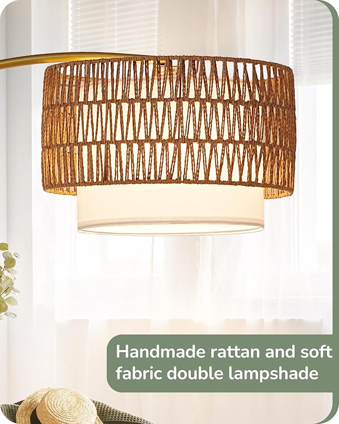 EDISHINE Gold Floor Lamps for Living Room, 76" Arc Floor Lamp with Remote & Dimmable Bulb, Boho Rattan Standing lamp with 5 Color Temperatures, Adjustable Tall Lamp for Bedroom, Office, Nursey
