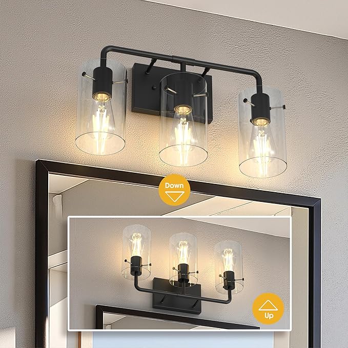 L LOHAS LED 3-Light Bathroom Light Fixtures, 17.71" Black Bathroom Vanity Light with Straight Glass Shades, Modern Vanity Lights for Bathroom Light Fixtures Over Mirror Living Room Hallway, E26, ETL