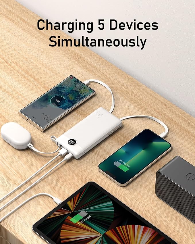 VEEKTOMX Portable Charger Built-in Cables, 10000mAh Power Bank for iPhone, Fast Charge USB C Battery Pack Travel Essentials Powerbank Compatible with iPhone 17/16/15/14, Samsung S25/24, Android, etc