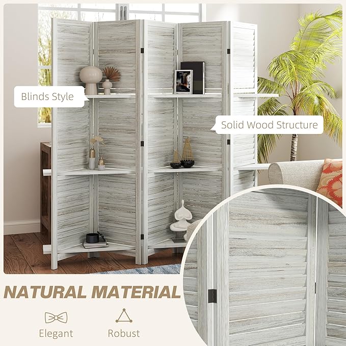 HOMCOM Room Divider, 5 Panel 67" Tall Wood Privacy Screen with 3 Display Shelves, and Folding Storage for Bedroom or Home Office, Distressed White