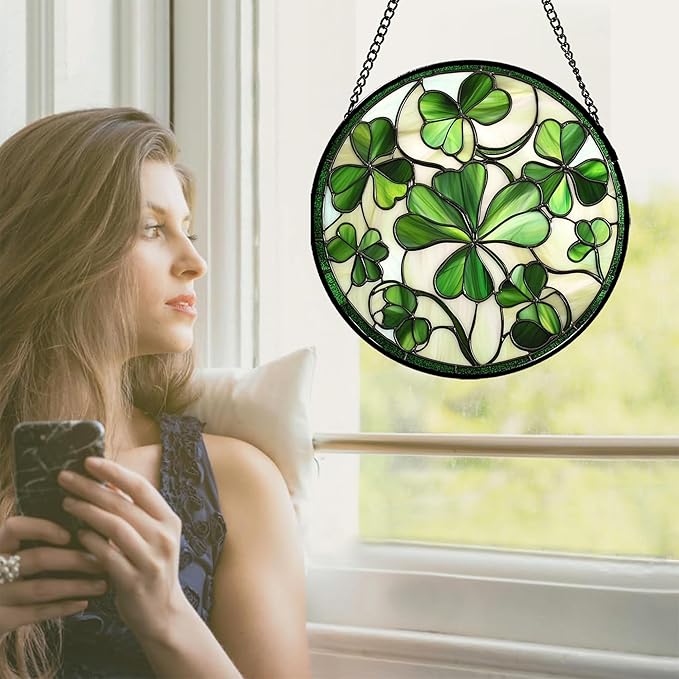 CRISGIF Stained Glass Window Hanging - Ireland Green Lucky Clover Suncatcher for Doors Garden St. Patrick's Day Sun Catchers Decor Mother's Day Birthday for Women Men Mom Nana 15 in
