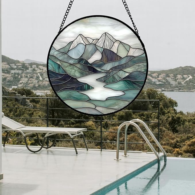 AMDERVEN Stained Glass Window Hanging 4 Pcs Set Mountain River Landscape 9.8" - Suncatcher Door Garden Sun Catcher Decor Birthday Mother's Day for Mom Woman Nana Girl Boy Friend