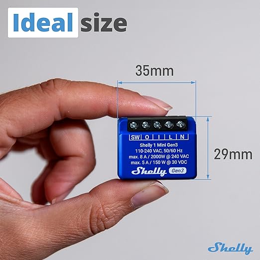 Shelly 1 Mini Gen3 | WiFi Smart Switch Relay 1 Channel 8A | Home Automation | Bluetooth Gateway | Compatible with Alexa & Google Home | iOS Android App | No Hub Required | Dry Contacts (2 Pack)