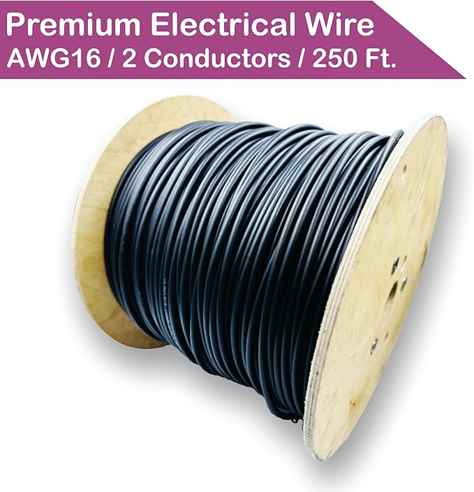 NATIONAL Wire & Cable – 16 AWG 2-Conductor Premium Copper Wire, 250 ft, Stranded | Made in USA, Heavy-Duty Flexible Jacket | LED, Lights, DIY Projects, Low Voltage Wiring, Indoor and Outdoor Use