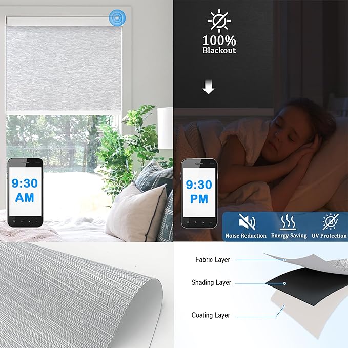 COOLWINDS Motorized Blinds with Remote Cordless Automatic Motorized Shades Custom Blinds for Windows Smart Curtains Compatible with Alexa Google Home(Blackout Jacquard Grey,W48 x H72in)