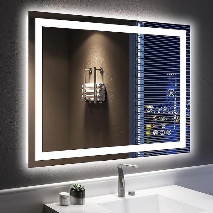 YEELAIT 40x32 Inch LED Bathroom Mirror with Lights Front and Backlit Lighted Vanity Mirror for Bathroom Wall with 3 Colors Dimmable Anti-Fog Memory Shatter-Proof IP54 Waterproof Horizontal/Vertical