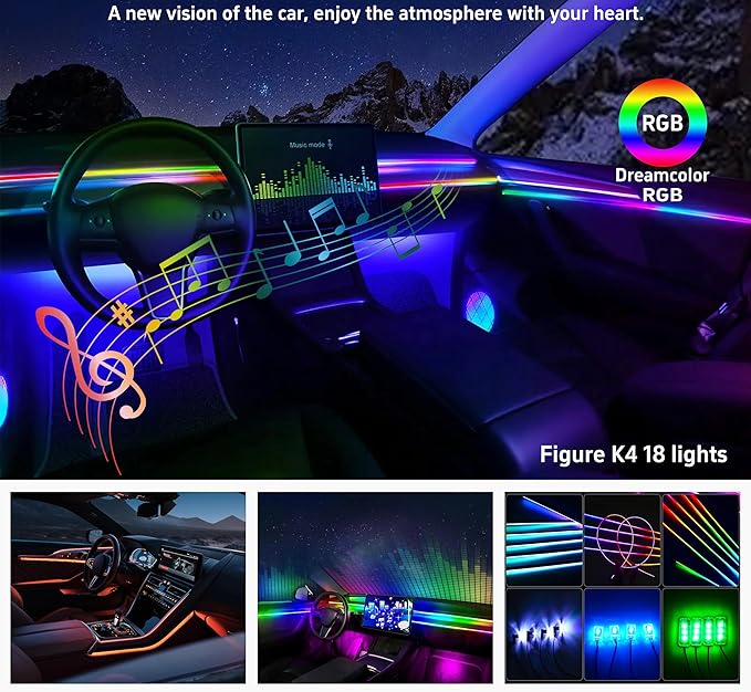 Acrylic Interior Car LED Strip Lights, Colorful 10-in-1 Car Ambient Lighting Kit, with Wireless APP Control, 622 LED Fiber Optic Strip Lights for Cars, Supports Neon Sync with Music DIY Mode