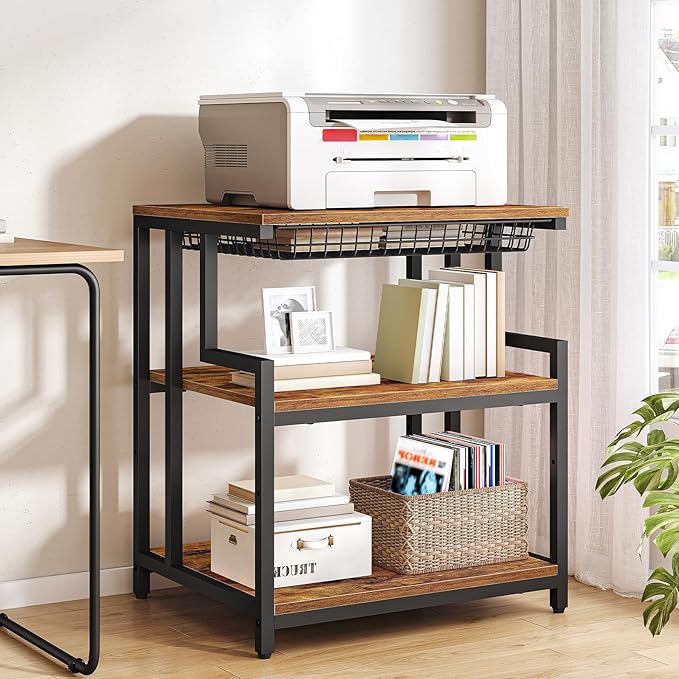 HOOBRO 23.6'' x 19.7'' Extra Large Printer Stand with Drawer, Printer Table with Adjustable Shelf, 3-Tier Printer Cart with Storage, for Heat Press Scanner Fax, Rustic Brown and Black BF10PS01