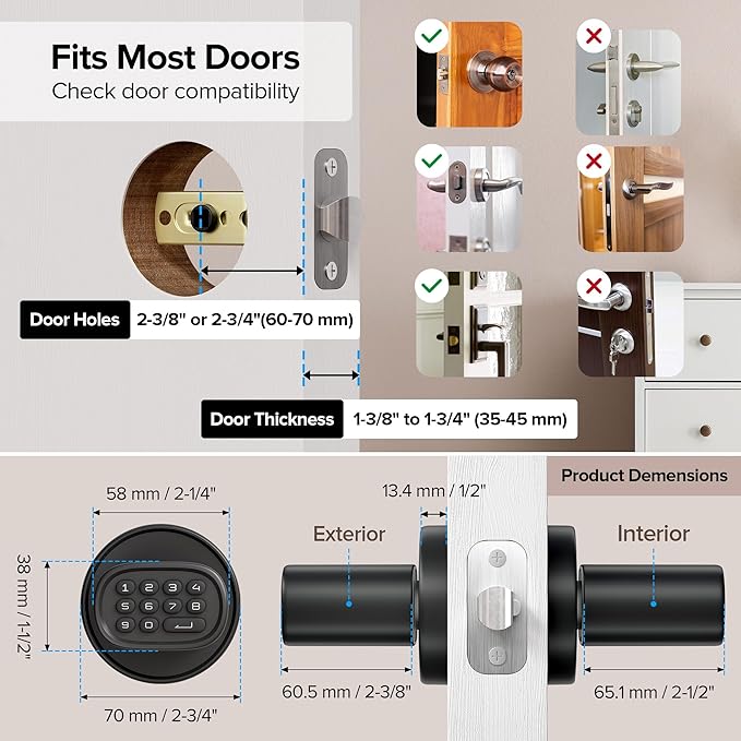 ThorBolt Fingerprint Door Knob, Keyless Door Knob with Keypad Biometric Electronic Thumbprint, Auto-Lock for Interior Doors for Bedroom, Home, Office, Garage, 4xAA Alkaline (NOT Included), MD1 Black