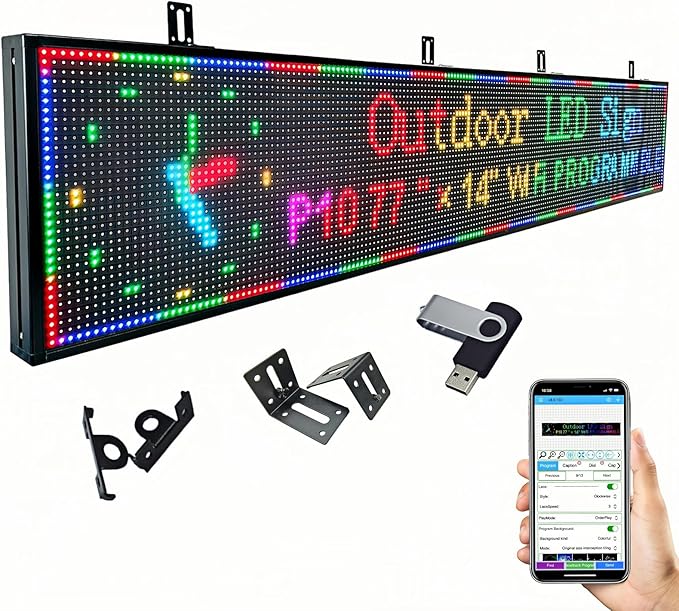 77”x14” Programmable LED Display Sign, P10 Outdoor Digital Scrolling Message Board with WiFi/USB Control, High Brightness Waterproof Screen for Business Advertising & Menu