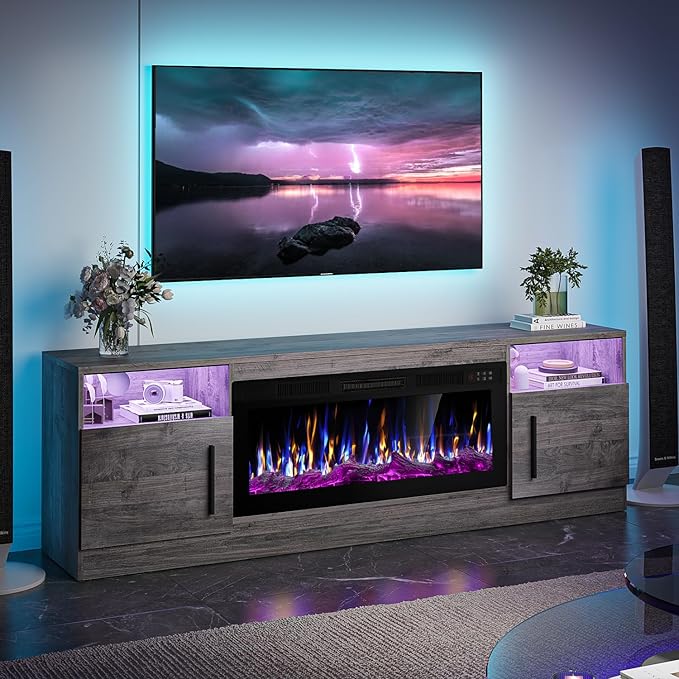 VITESSE TV Stand with 36" inch Electric Fireplace Up to 80" TVs, LED Light Entertainment Center, 70" Modern Wood High Gloss Fireplace with Highlight Storage Cabinet for Living Room (Grey)