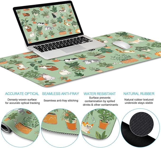 LIMKRIAN Cat Mouse Pad XXL Desk Mat Set, Green Ergonomic Mouse Pad with Wrist Rest, Large Gaming Mousepad Wrist Support Keyboard Mat Cup Coaster Set Cute Office Desk Decor Accessories
