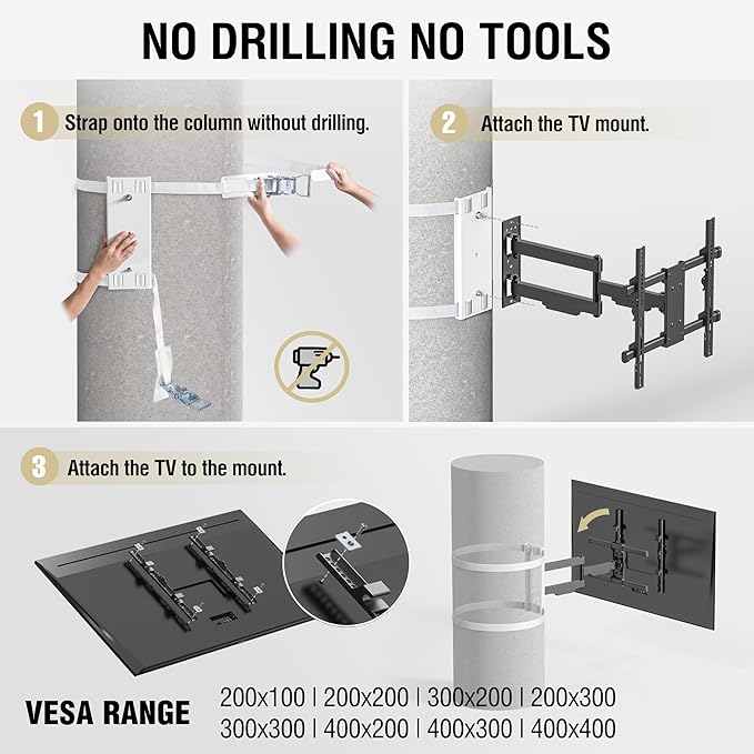 CondoMounts CLMTVA1044 Full Motion Large Pillar TV Mount | Column | Round & Square TV Post Mount | NO Drill | Holds 80lbs | Fits 32-in. to 70-in. TVs | Fits Pillars 8-in & Wider | White Strap