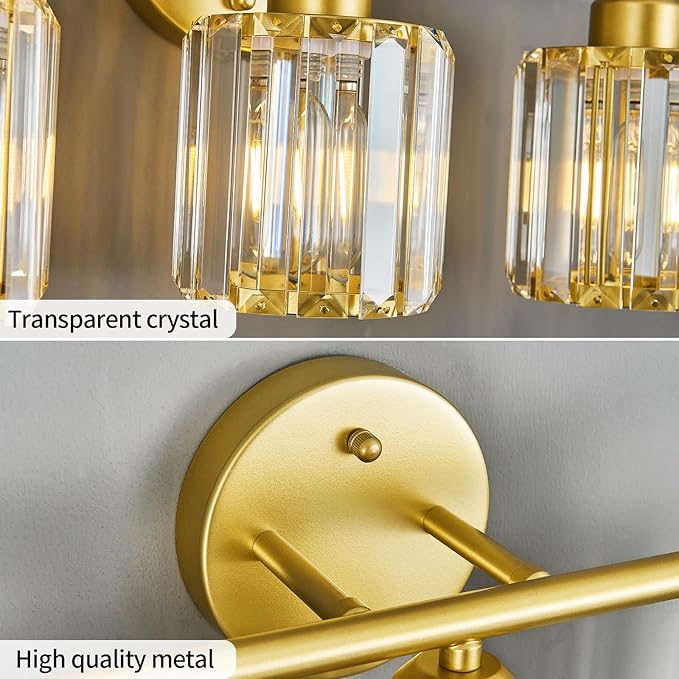 FDPBY Modern 3 Light Crystal Vanity Light, Gold Vertical Bathroom Light Fixture Over Mirror for Dressing Table Sink, Compatible with Dimmable Bulbs (Bulbs Not Included)