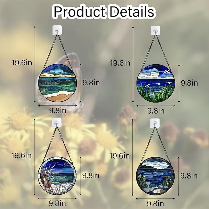 AMDERVEN Stained Glass Window Hanging 4 Pcs Set Navy Blue Ocean Landscape 9.8" - Suncatcher Door Garden Sun Catcher Decor Birthday Mother's Day for Mom Woman Nana Girl Boy Friend