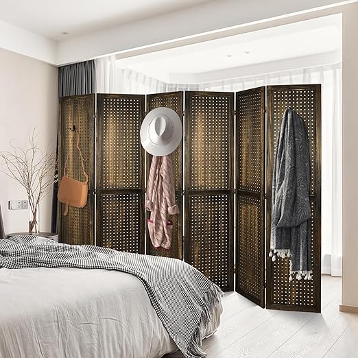 Babion 6 Panel Pegboard Display, Peg Board Room Divider Freestanding Folding Privacy Screens Display Stand for Craft Shows (Brown)