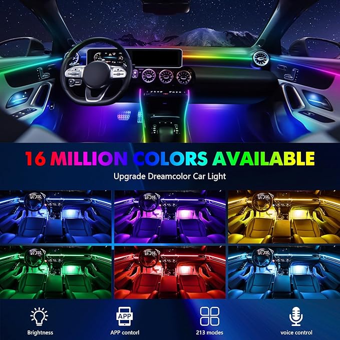 2026 Upgraded Dreamcolor Acrylic Interior Car LED Strip Light with Self-Developed App Dreamcolor RGB 14 in 1 | Dual Zone Control | Super Brighter Strips | Music Sync Ambient Lighting Car Interior
