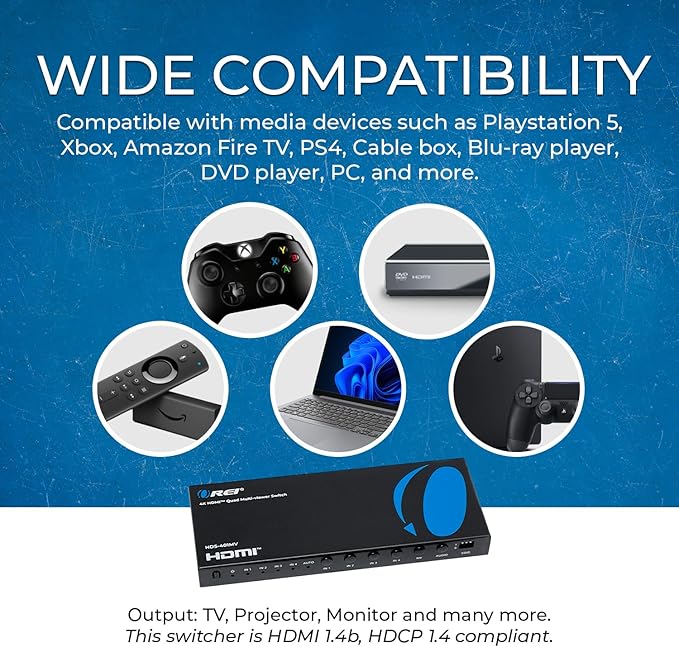 OREI Quad Multi HDMI Viewer 4 in 1 Out HDMI Switcher 4 Ports Seamless Switcher and IR Remote Support 4K @ 30Hz 1080P for PS4/PC/DVD/Security Camera, VGA Output - HDS-401MV