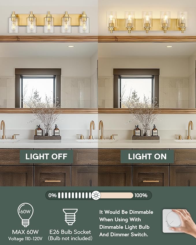 METWET 5-Light Bathroom Light Fixtures, 30 Inch Brushed Gold Vanity Light with Cylinder Clear Glass Shade, Modern Vanity Lighting Fixtures Over Mirror, VL143-BG-5