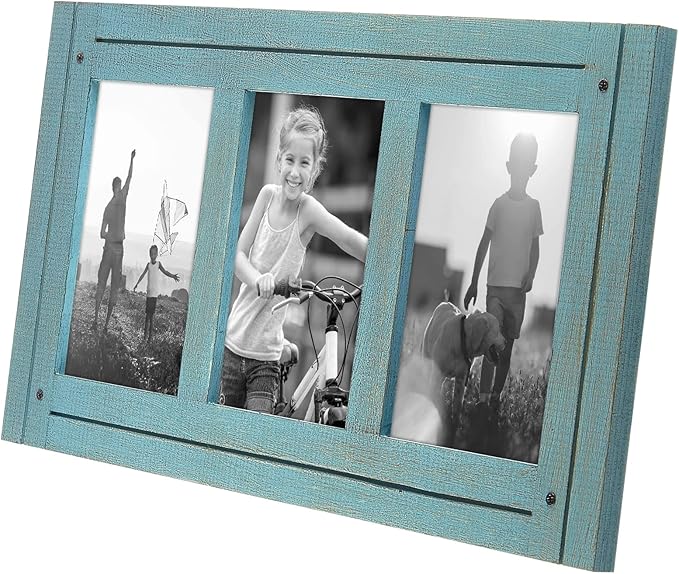 Americanflat Hinged 4x6 Triple Picture Frame with 3 Photo Openings and Polished Glass - Distressed Wood Collage Picture Frames for Tabletop and Wall Display - Hampton Collection - Turquoise Blue