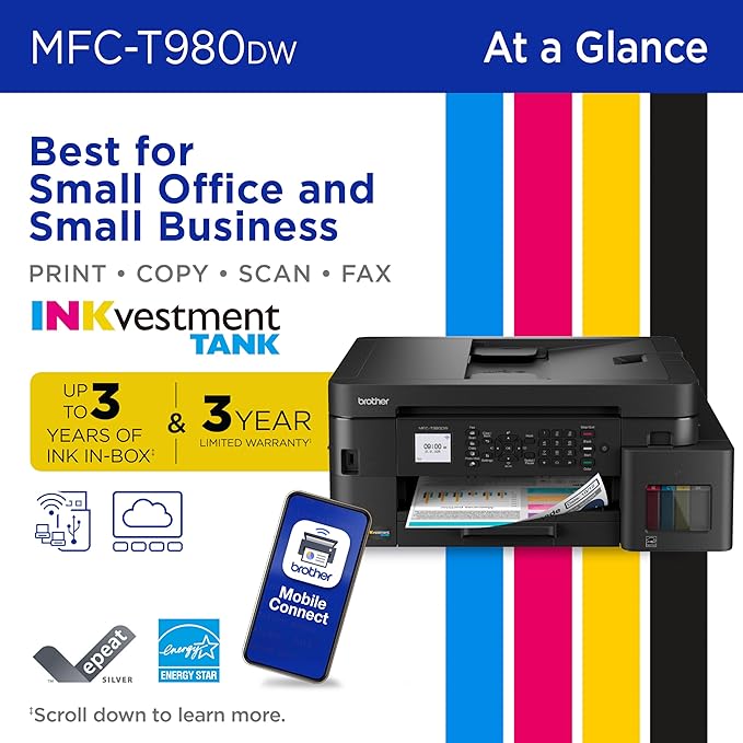 Brother INKvestment Tank 980 Wireless and Ethernet Color Inkjet All-in-One Printer with Multipurpose Tray | Includes up to 3 Years of Ink in-Box(1) and 3-Year Limited Warranty(2) (MFC-T980DW)