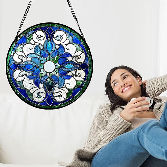 DASTOLL Stained Glass Window Hanging, Boho Style Sun Catchers Diamond Glass Panel Hangings Tiffany Suncatcher Decor for Birthday for Women, Men, Wife, Aunt, and Mom 14.9x14.9 in