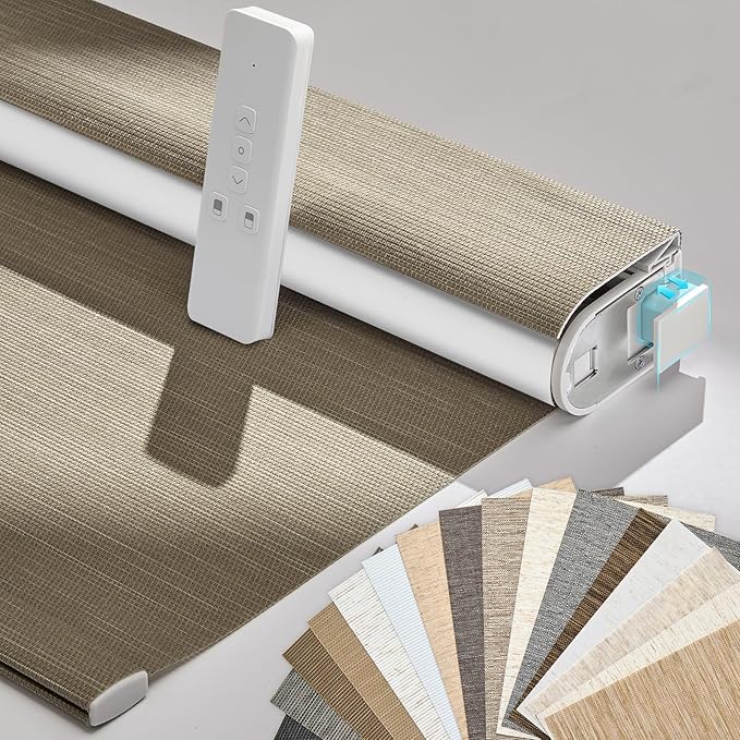 Persilux Smart Motorized Blinds with Remote, No Drill Automatic Roller Shades for Indoor Windows, Blackout Linen Fabric, Electric Blinds for Windows, Weave Caribou C162BO-5, Custom Size
