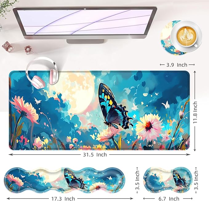 BFUKVOU Large Keyboard Mouse Pad Set, Extended Mouse Pad+Keyboard Wrist Rest Support, Memory Foam Ergonomic Easy Typing, 4Pcs (31.5×11.8 in) Desk Pad Set for Office Home,Flowers and Butterflies