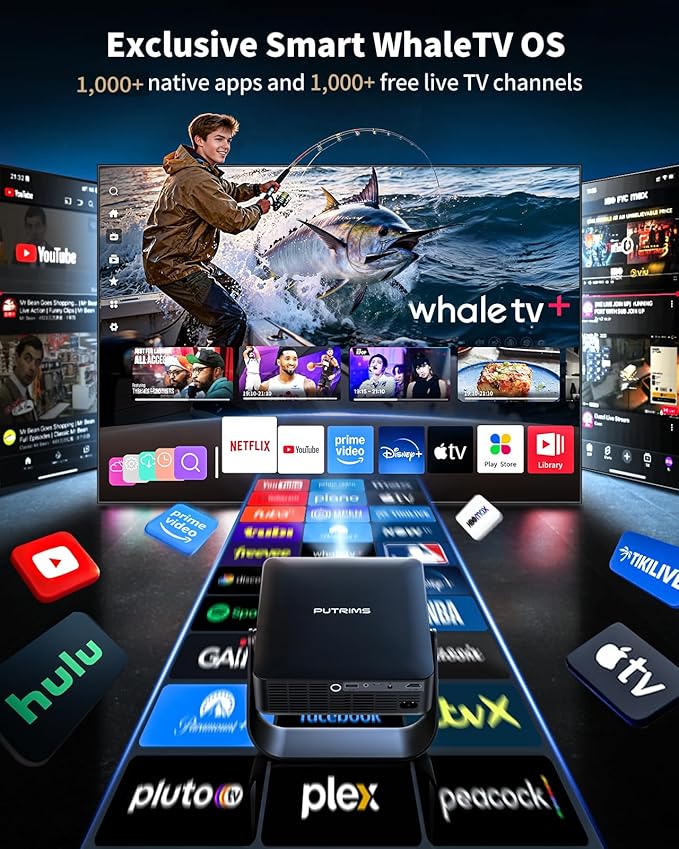 [Officially-Licensed Apps & Live TV & Auto Focus]Smart Mini Projector with WiFi and Bluetooth Ultra-thin, 4K Support Outdoor Movie Projector, Portable Native 1080P Projector for Bedroom/Home/Celling