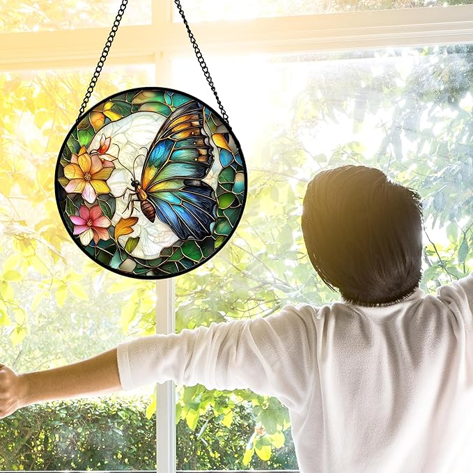 DASTOLL Stained Glass Window Hanging, Butterfly Flower Sun Catchers Diamond Glass Panel Hangings Insect Suncatcher Decor for Birthday for Women, Men, Wife, Aunt, and Mom 11.8x11.8 in