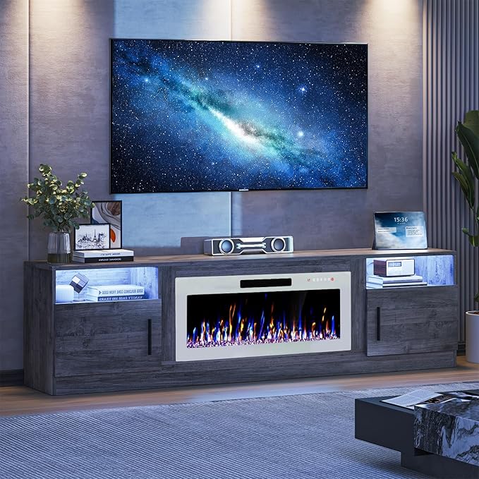 VITESSE TV Stand Fireplace with 36" inch Electric Fireplace Up to 90" TVs, LED Light Entertainment Center, 80" Modern Wood High Gloss with Highlight Storage Cabinet for Living Room (Gray)
