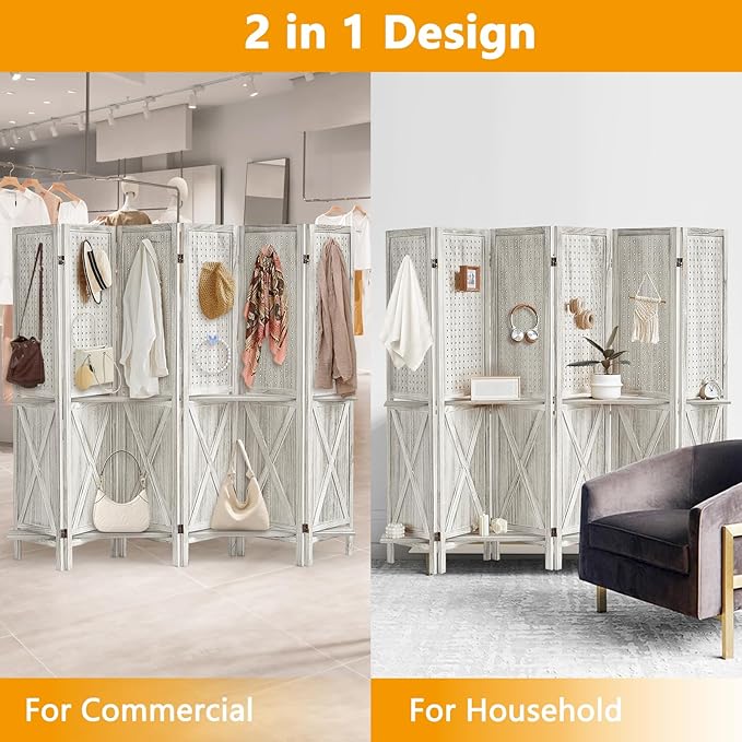 Aleesing 6 Panel Pegboard Display with 24 Hooks, Wooden Pegboard Room Divider Wall with Shelf, Partition Room Dividers and Folding Privacy Screens, Bedroom, Jewelry Store, White