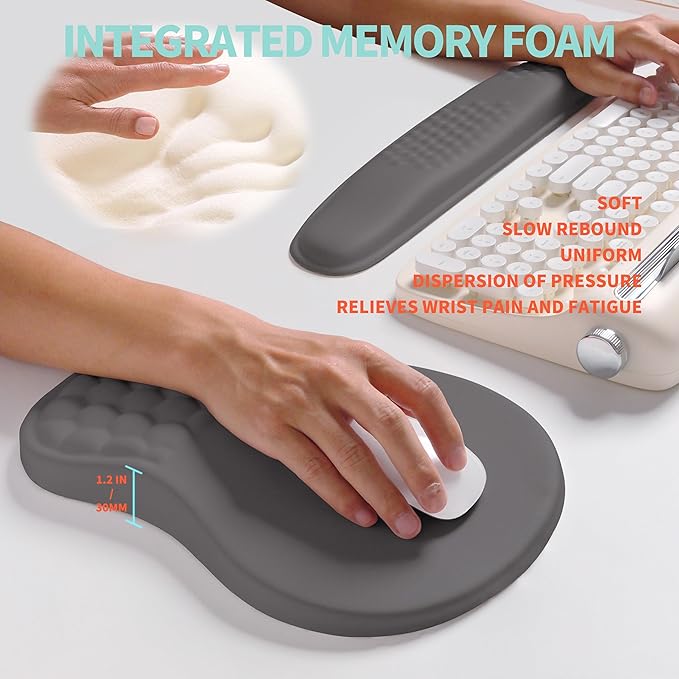KUOSGM 2-in-1 Ergonomic Set, Wave Rise Keyboard Wrist Rest and Massage Bulge Slope Mouse Pad Wrist Support, Cushion Memory Foam Integrated to Relieve Wrist Pain, Deep Gray
