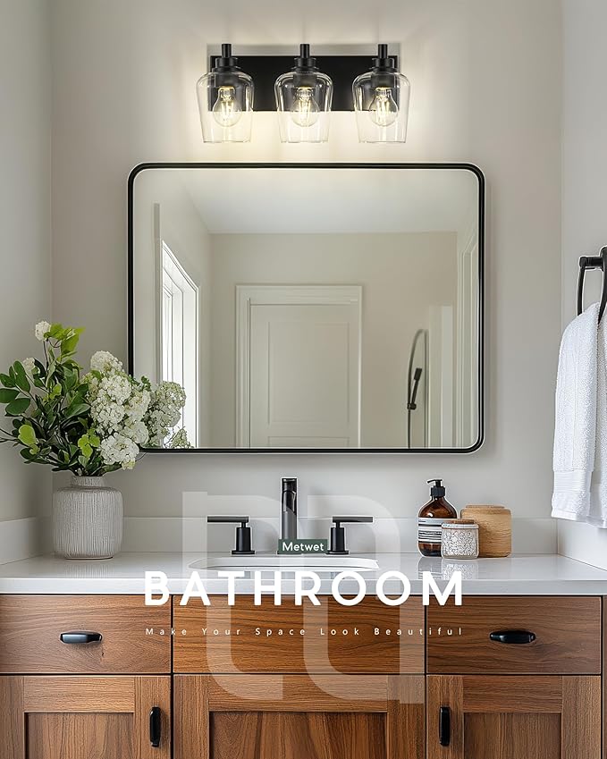 METWET Bathroom Light Fixtures, 3-Light Modern Vanity Light with Clear Glass Wine Glass-Shaped Shade, Vanity Lighting Fixtures Over Mirror, Matte Black, VL155-MB-3